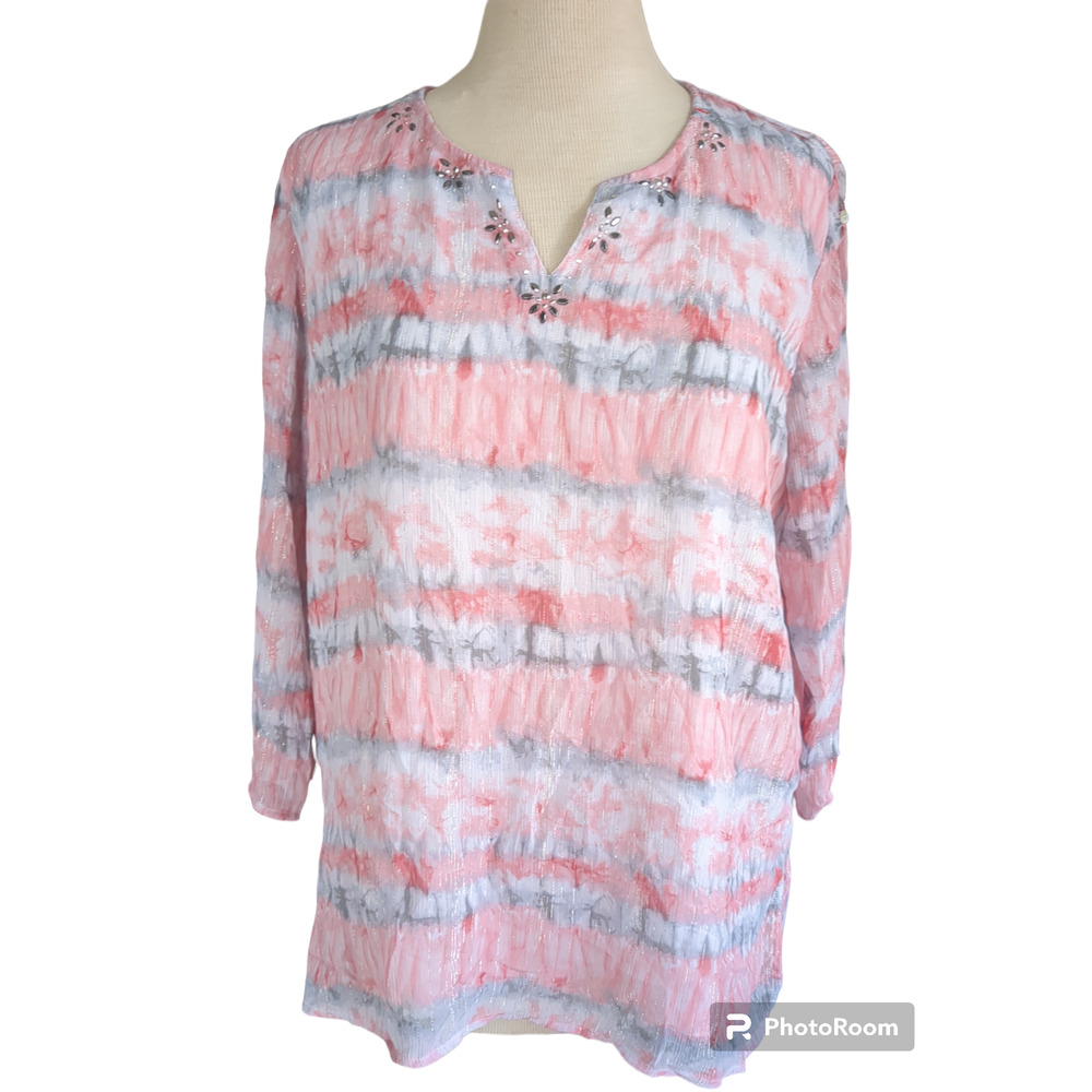 Size 14 Alfred Dunner pink silver embellished tye dye women's top blouse #5
